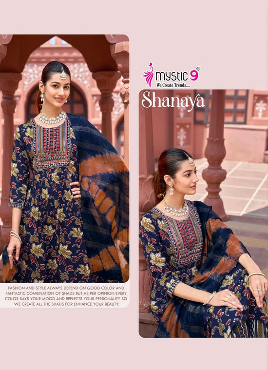Mystic 9 Shanaya Vol 13 Rayon Embroidered Kurti Pant Dupatta Set - Amrah Wholesale