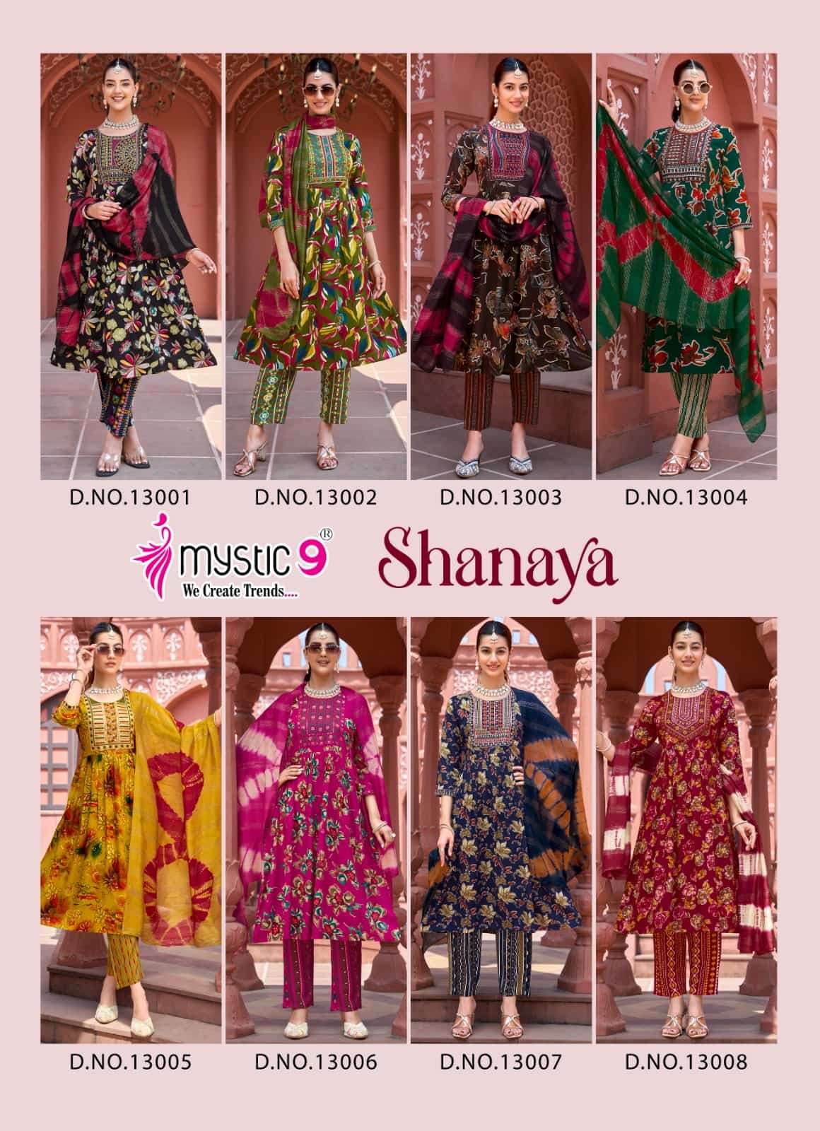 Mystic 9 Shanaya Vol 13 Rayon Embroidered Kurti Pant Dupatta Set - Amrah Wholesale