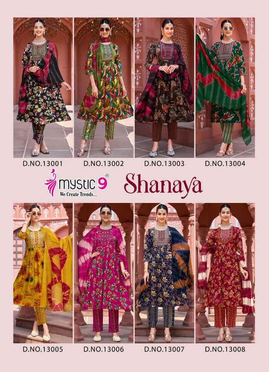Mystic 9 Shanaya Vol 13 Rayon Embroidered Kurti Pant Dupatta Set - Amrah Wholesale