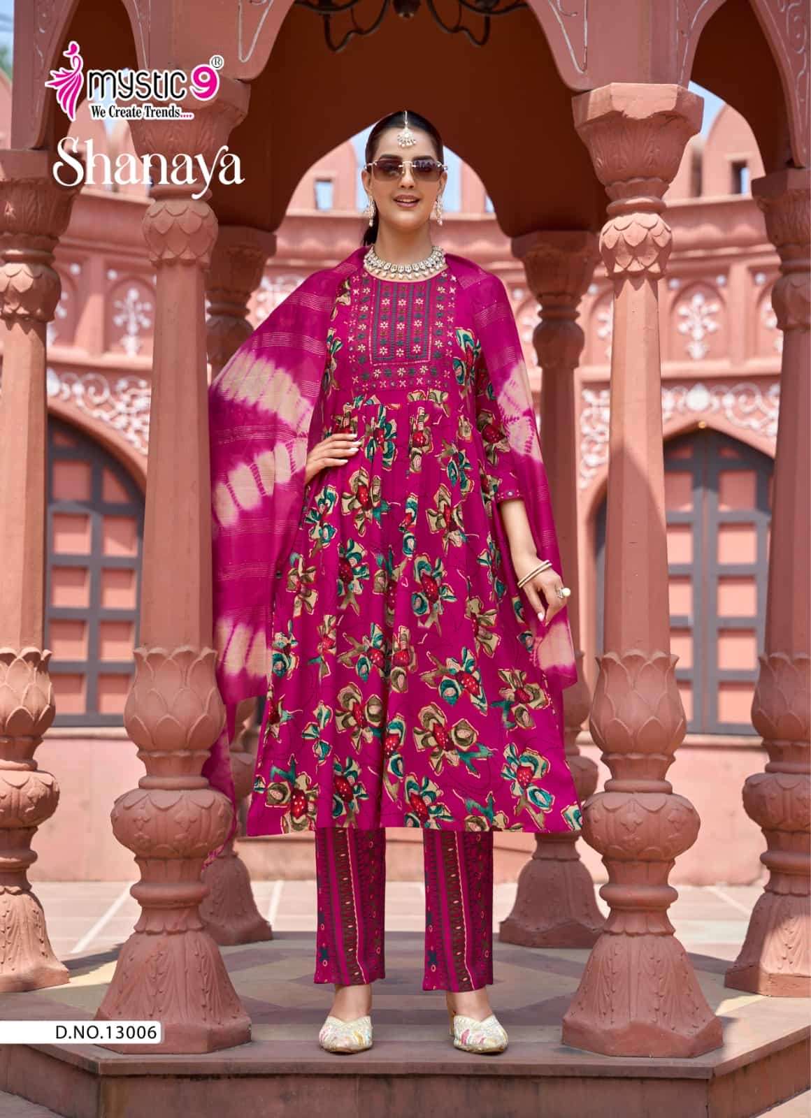 Mystic 9 Shanaya Vol 13 Rayon Embroidered Kurti Pant Dupatta Set - Amrah Wholesale