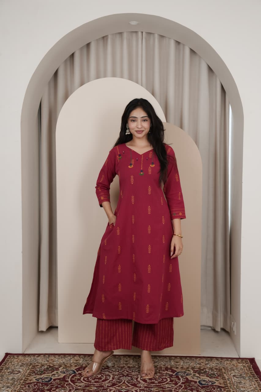 Naisha K 1006 Handloom Mirror Work Kurti Pant Set