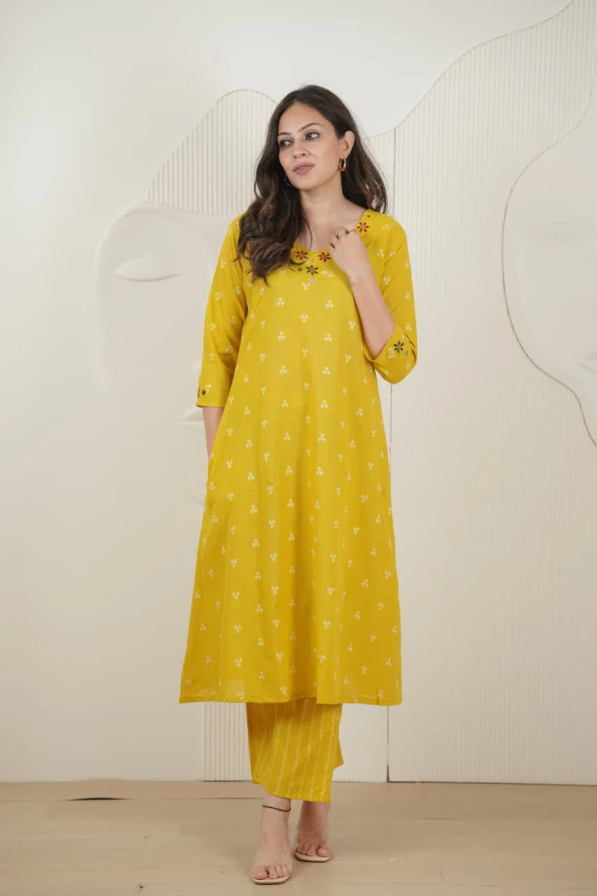 Naisha K 1007 Handloom Mirror Work Kurti Pant Set