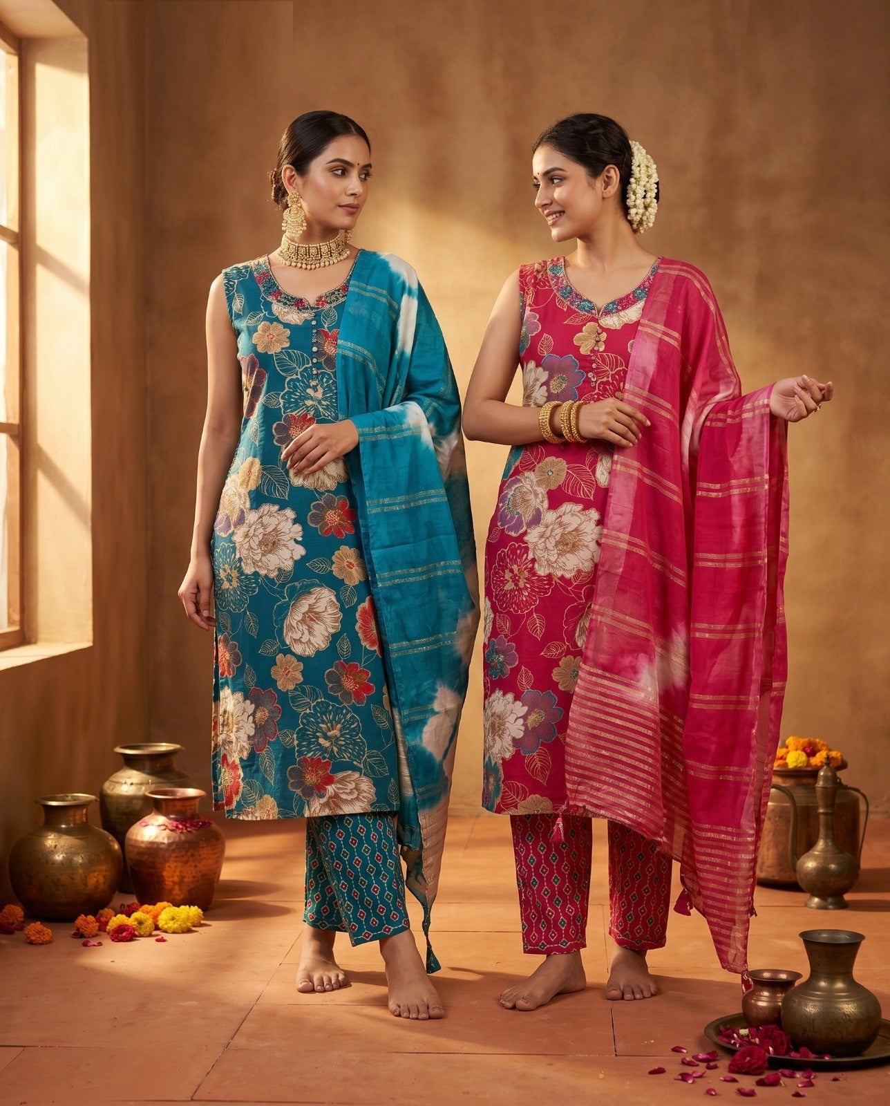 Naisha K 1008 Rayon Discharge Printed Kurti Pant Dupatta Set