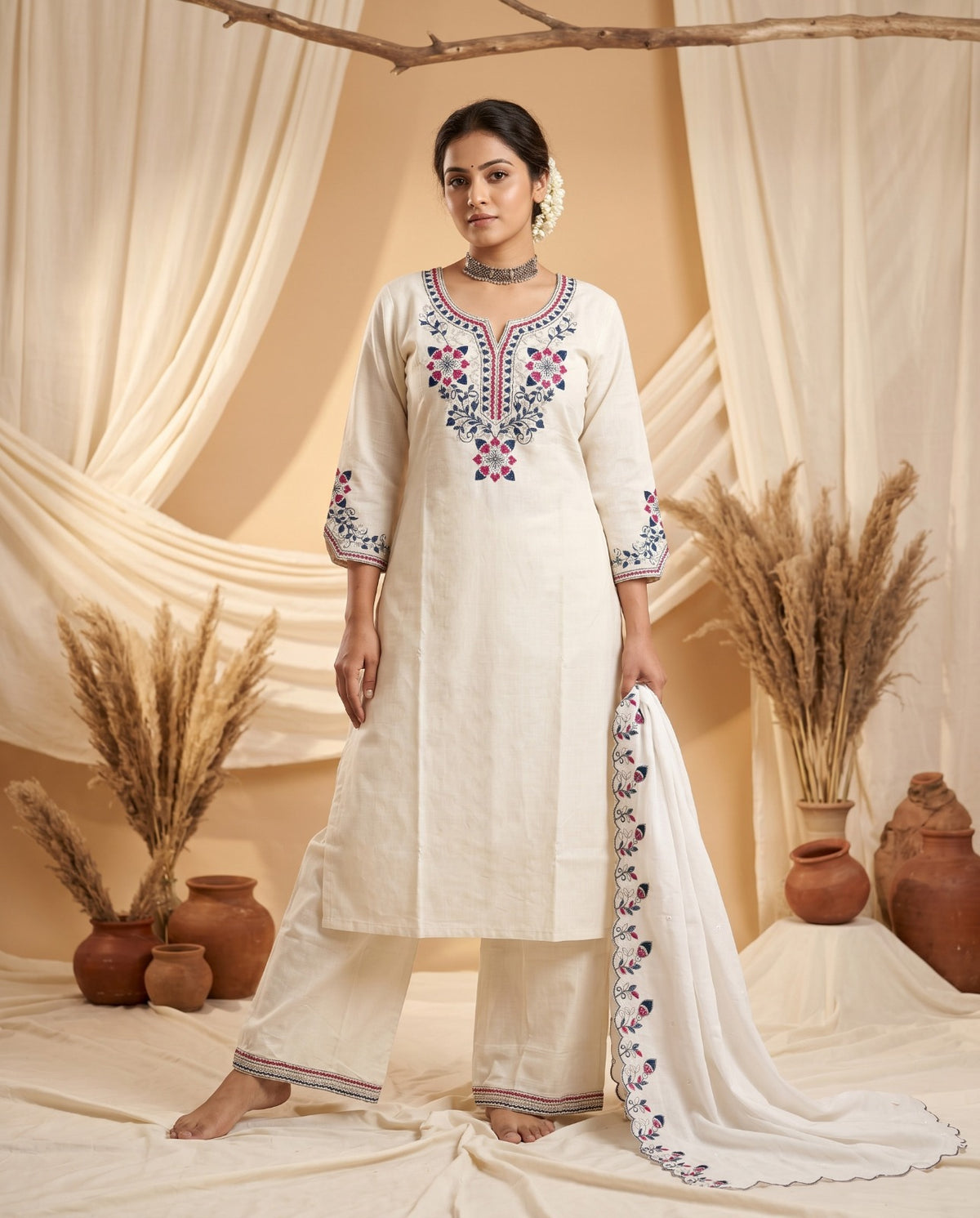 Naisha K 1011 Heavy Cotton Slub Embroidered Salwar Suit Set