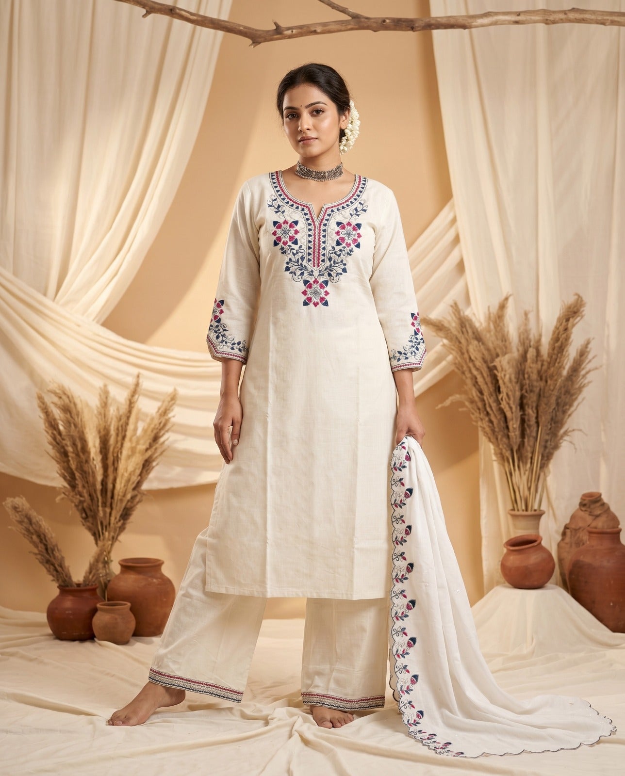Naisha K 1011 Heavy Cotton Slub Embroidered Salwar Suit Set