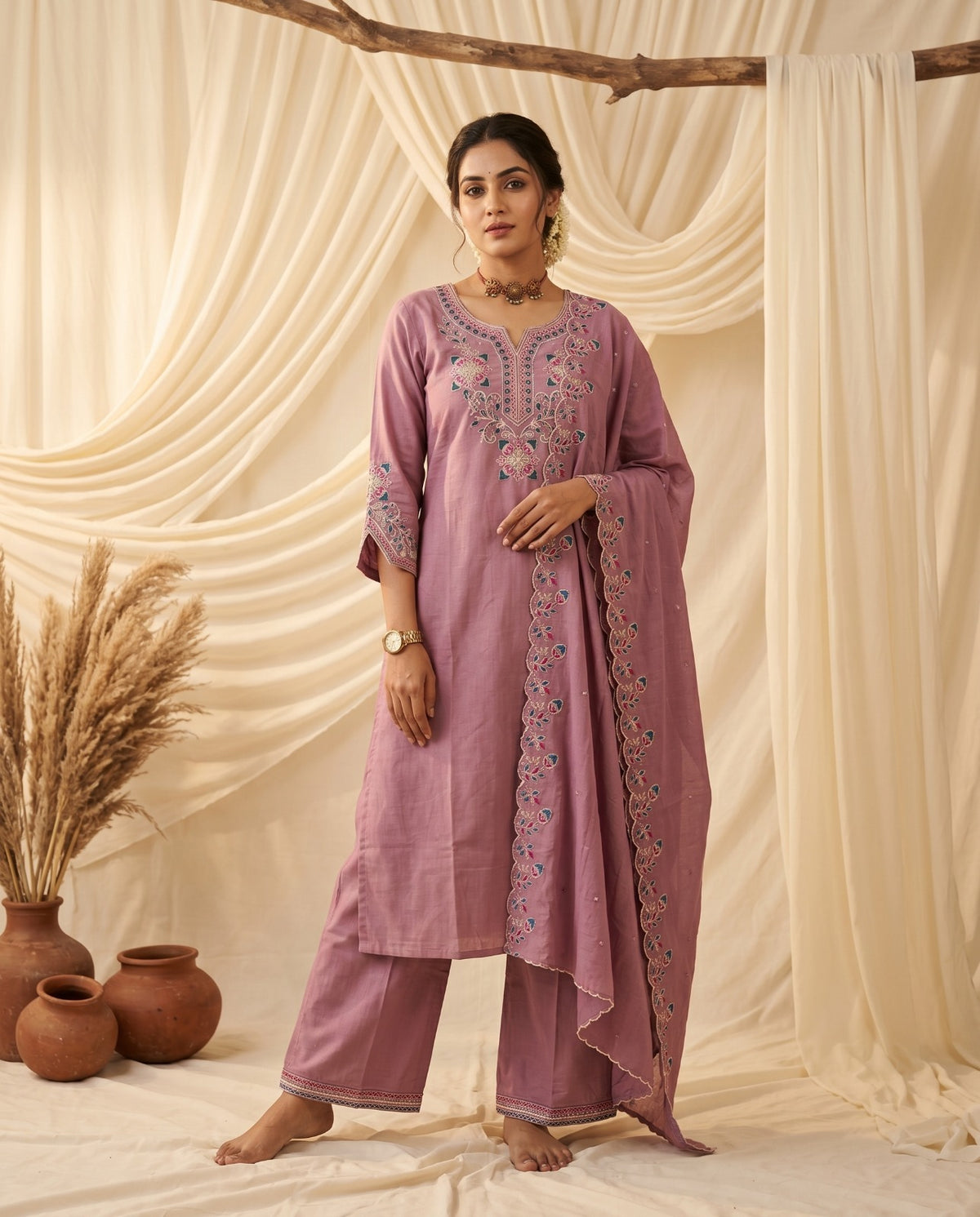 Naisha K 1011 Heavy Cotton Slub Embroidered Salwar Suit Set