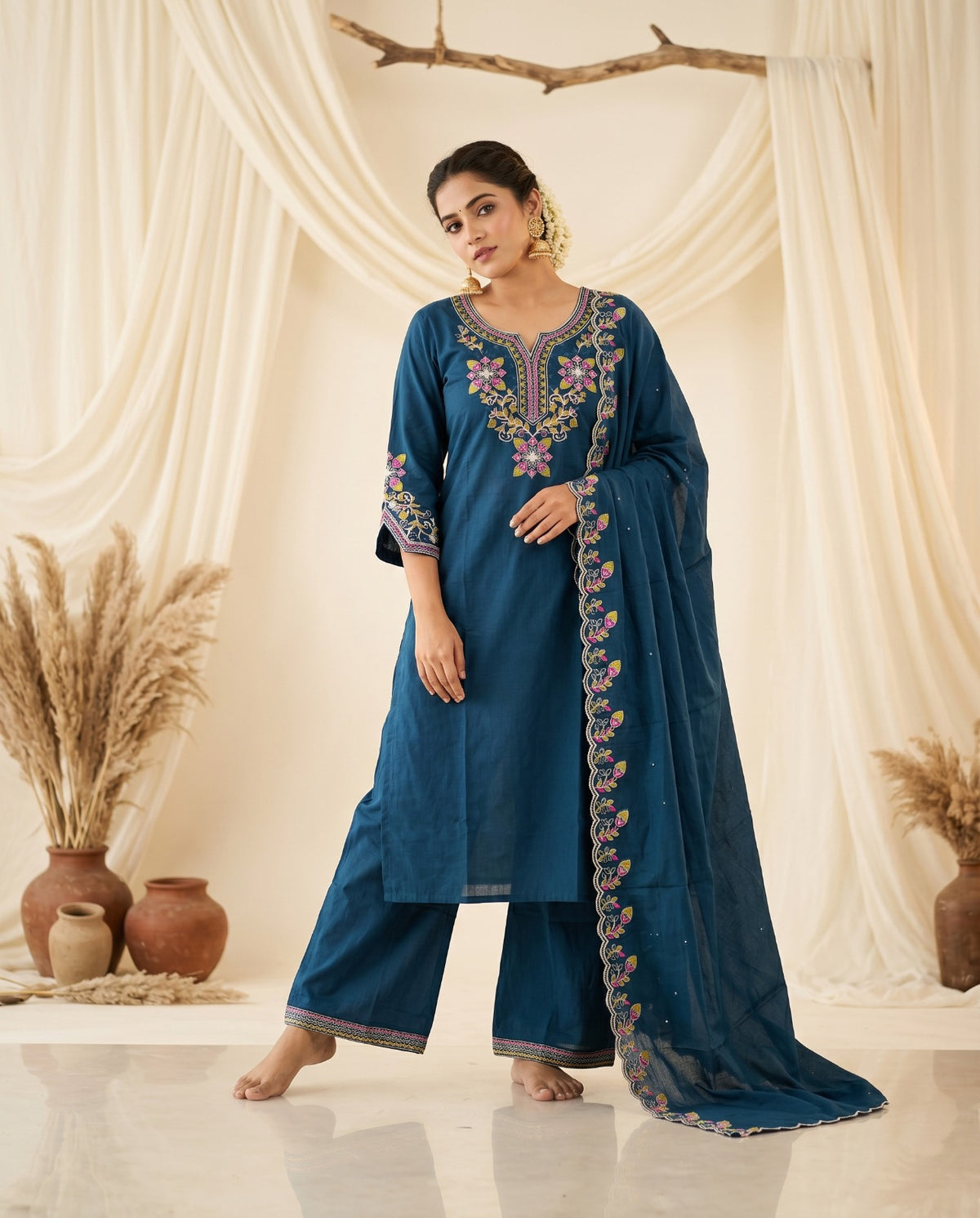 Naisha K 1011 Heavy Cotton Slub Embroidered Salwar Suit Set