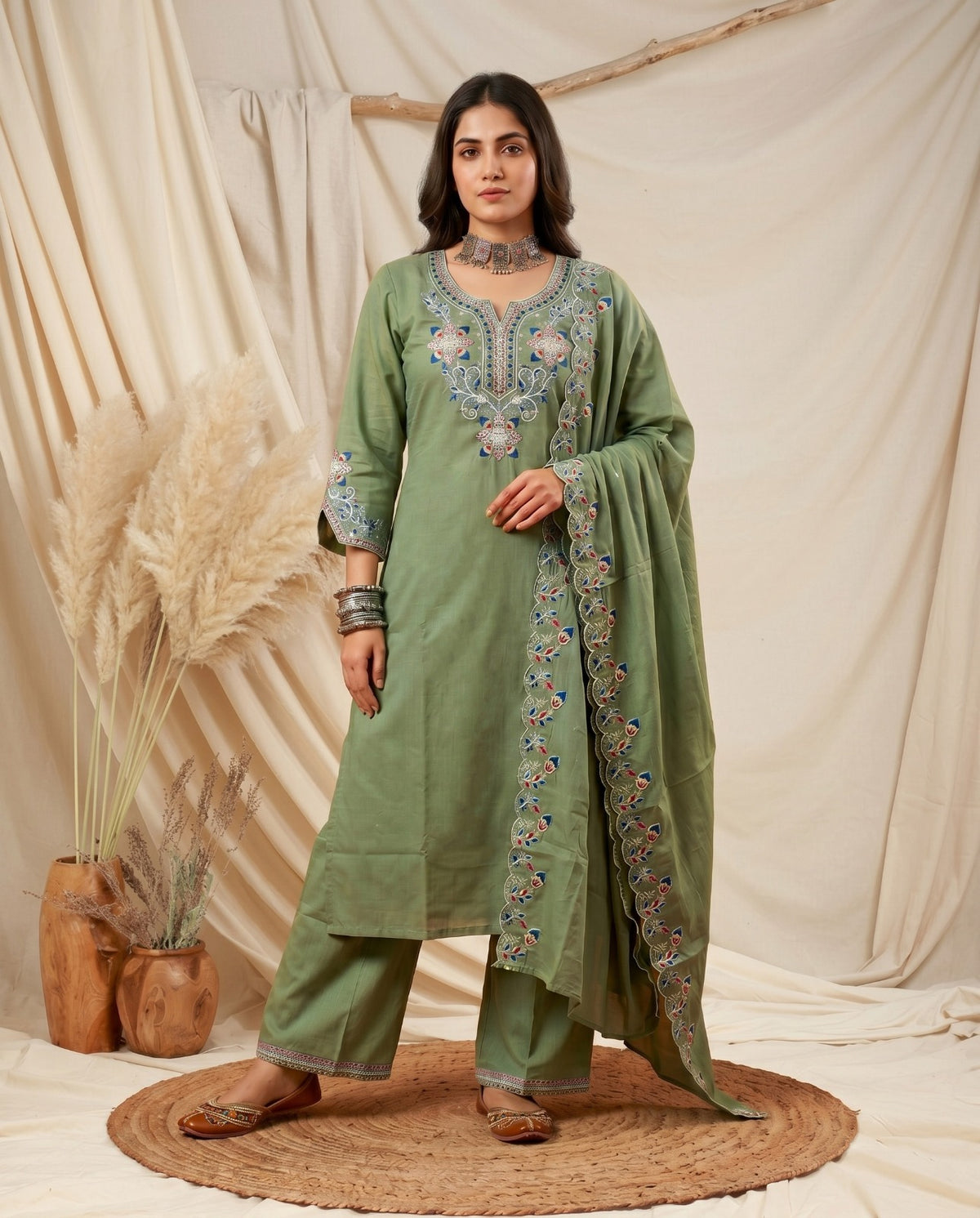 Naisha K 1011 Heavy Cotton Slub Embroidered Salwar Suit Set