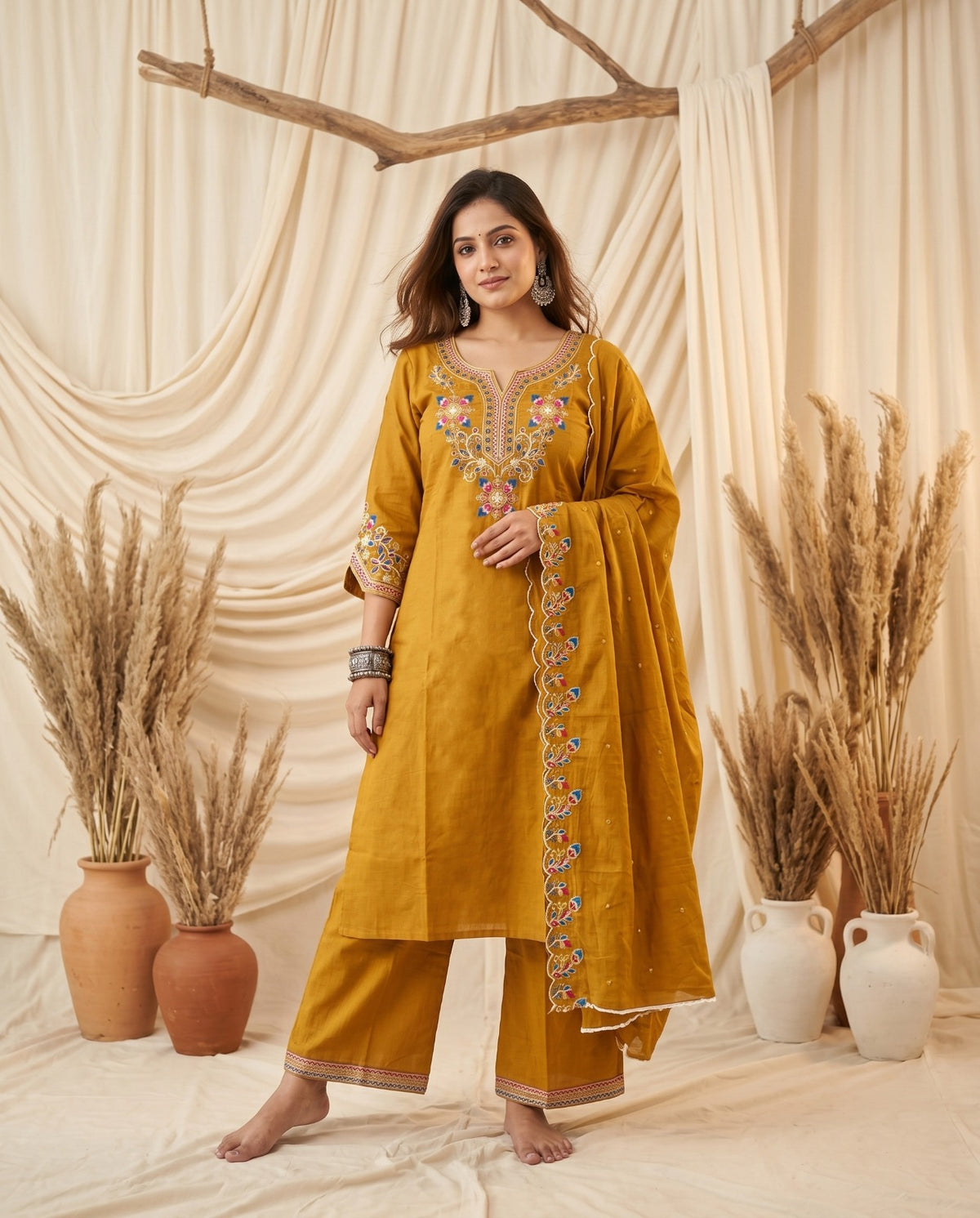 Naisha K 1011 Heavy Cotton Slub Embroidered Salwar Suit Set