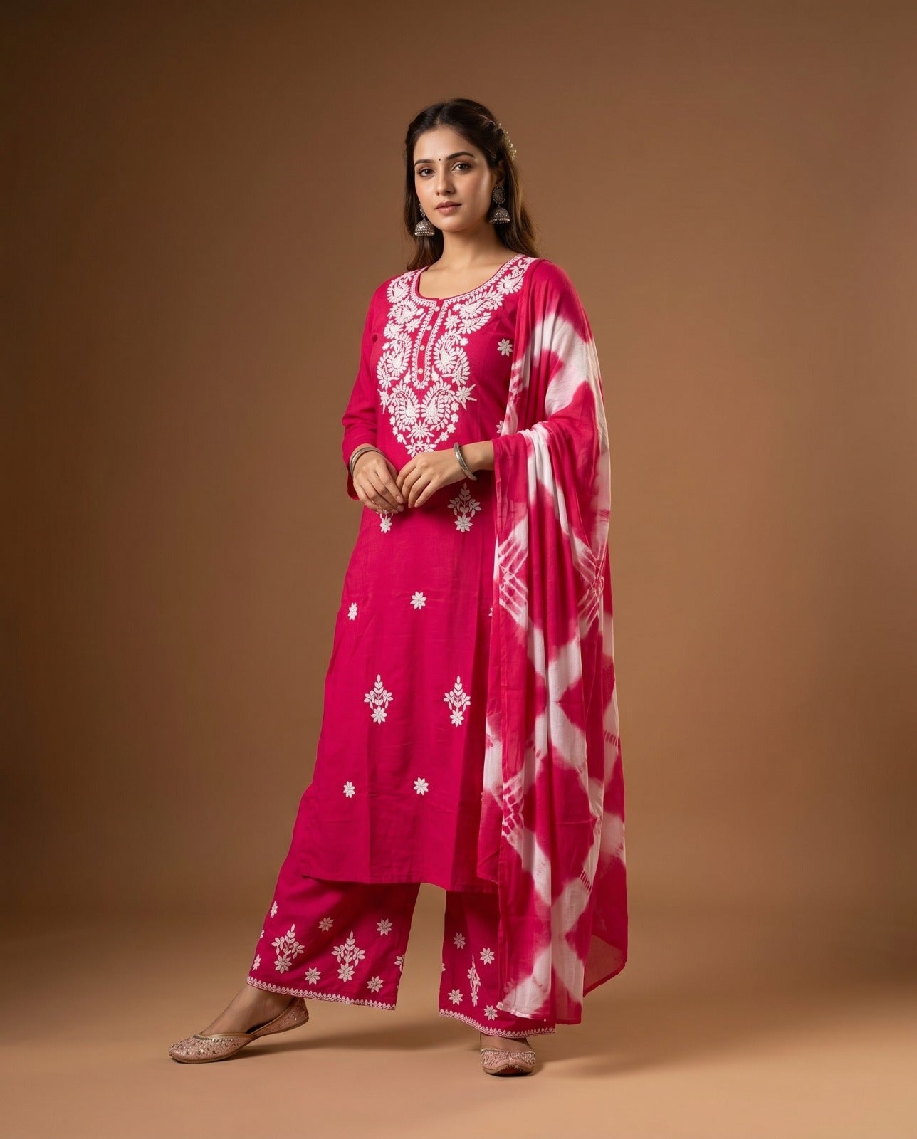 Naisha K 1014 Rayon Lucknowi Work Kurti Pant Dupatta Set