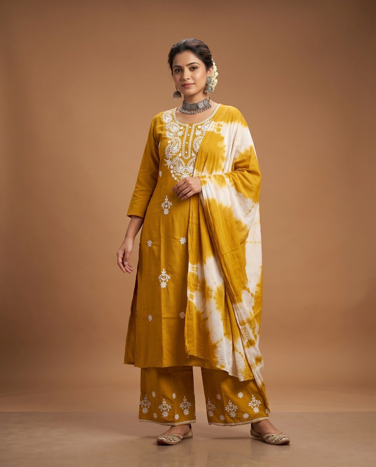 Naisha K 1014 Rayon Lucknowi Work Kurti Pant Dupatta Set