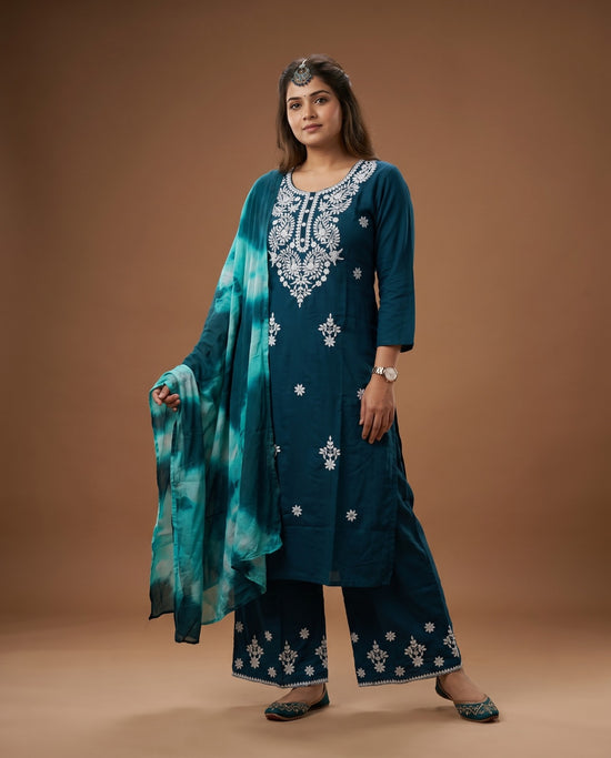 Naisha K 1014 Rayon Lucknowi Work Kurti Pant Dupatta Set