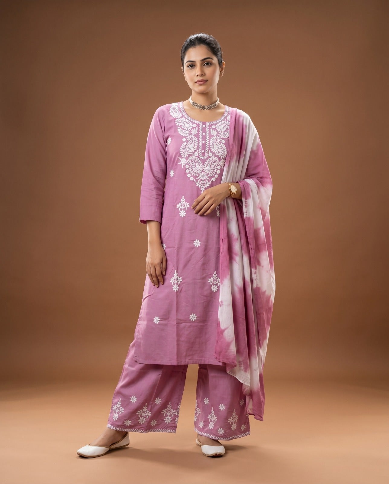 Naisha K 1014 Rayon Lucknowi Work Kurti Pant Dupatta Set