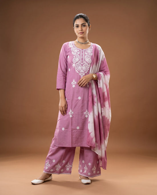 Naisha K 1014 Rayon Lucknowi Work Kurti Pant Dupatta Set