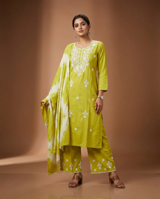 Naisha K 1014 Rayon Lucknowi Work Kurti Pant Dupatta Set