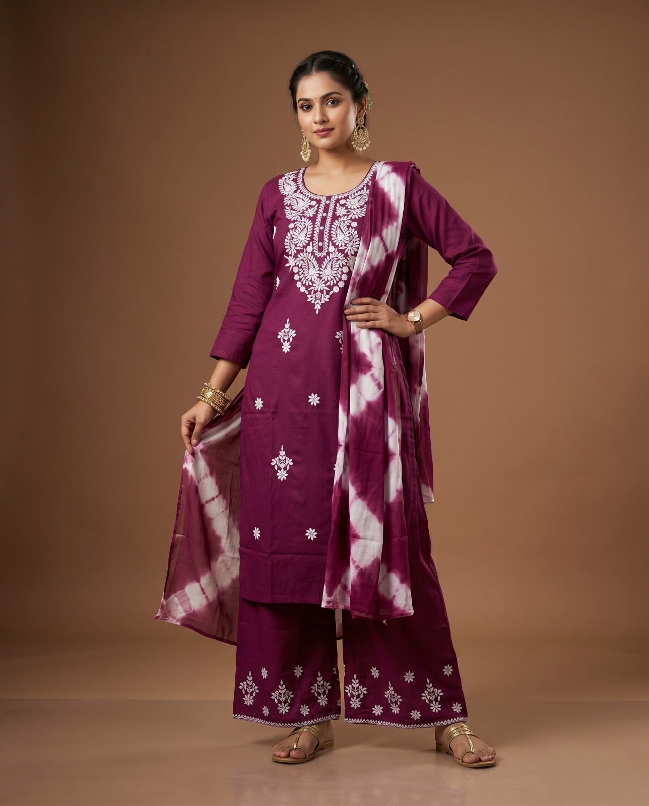 Naisha K 1014 Rayon Lucknowi Work Kurti Pant Dupatta Set