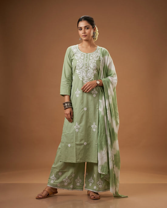 Naisha K 1014 Rayon Lucknowi Work Kurti Pant Dupatta Set