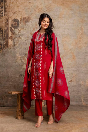 Naisha K 1025 Cotton Ajrakh Printed Kurti Pant Dupatta Set