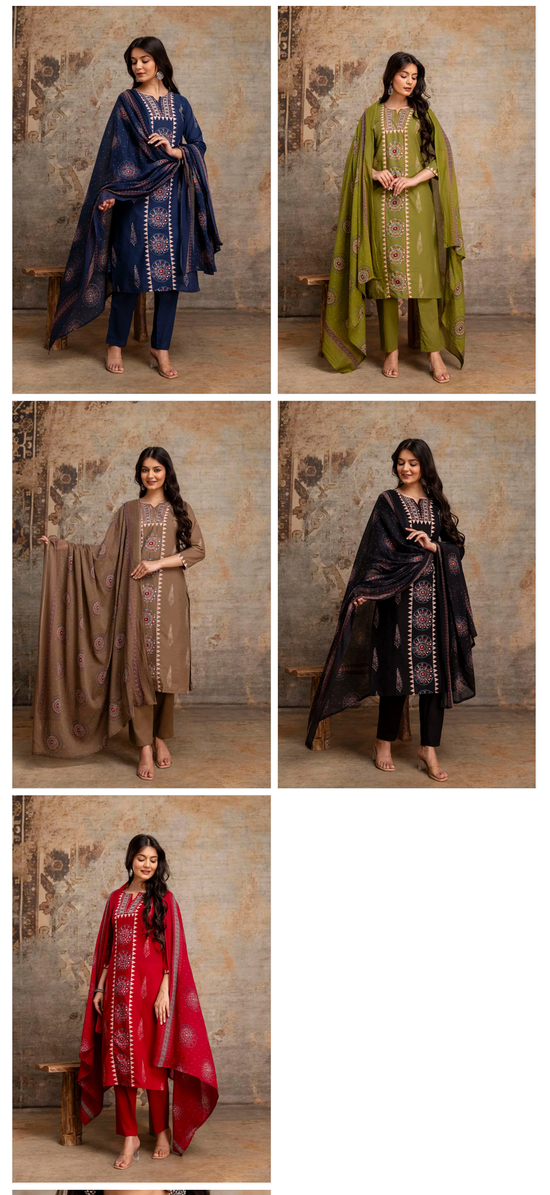 Naisha K 1025 Cotton Ajrakh Printed Kurti Pant Dupatta Set