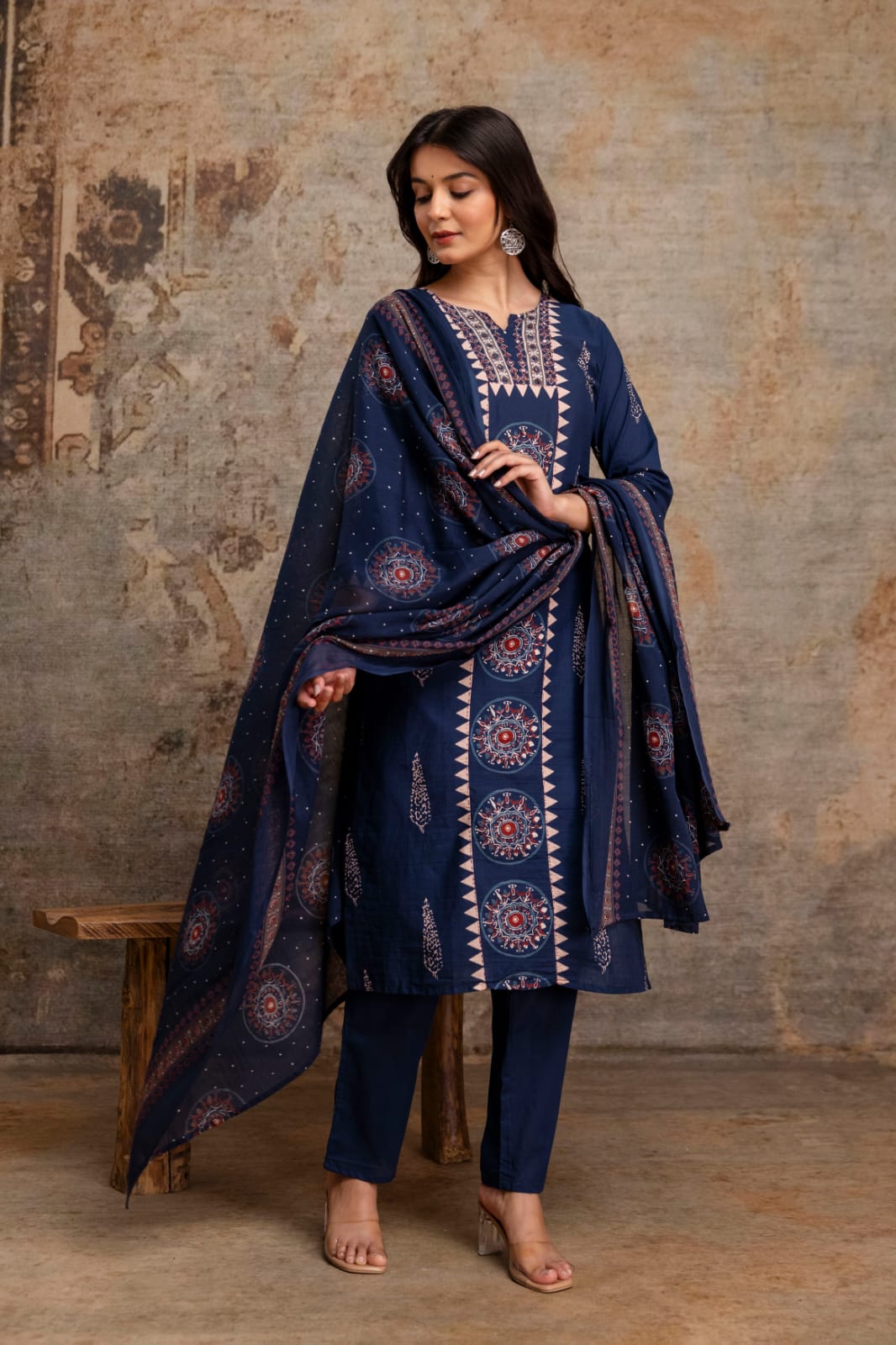 Naisha K 1025 Cotton Ajrakh Printed Kurti Pant Dupatta Set