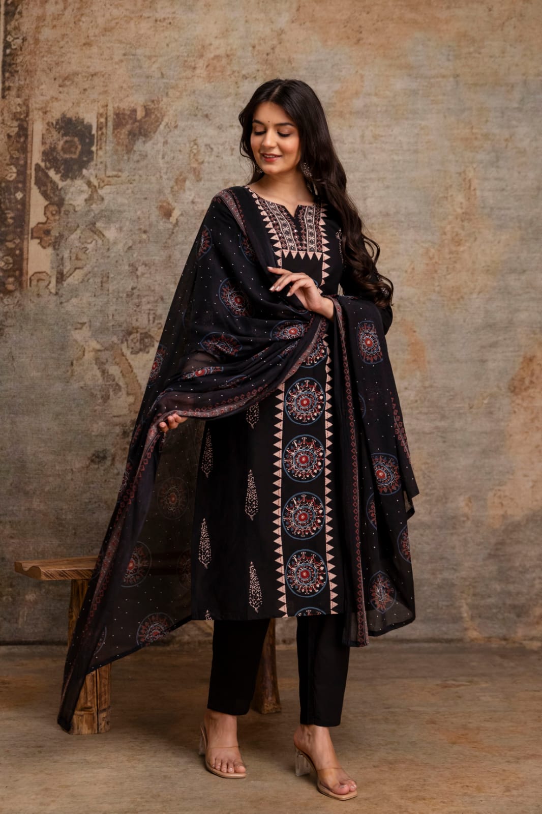 Naisha K 1025 Cotton Ajrakh Printed Kurti Pant Dupatta Set