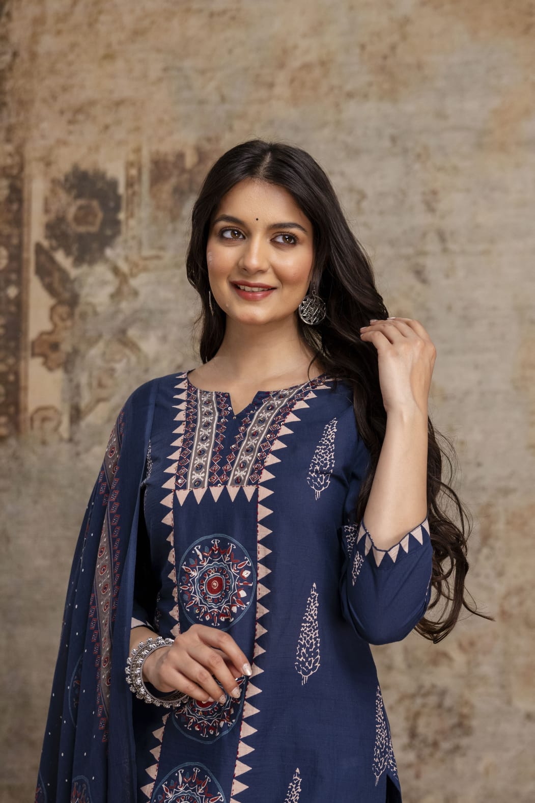 Naisha K 1025 Cotton Ajrakh Printed Kurti Pant Dupatta Set