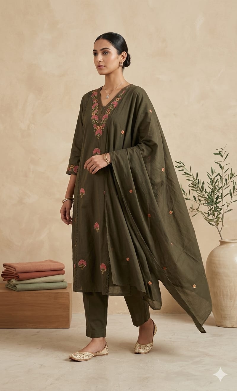 Naisha K 1033 Cambric Cotton Embroidered Kurti Pant Dupatta Set - Amrah Wholesale