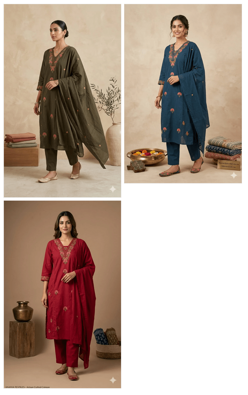 Naisha K 1033 Cambric Cotton Embroidered Kurti Pant Dupatta Set - Amrah Wholesale