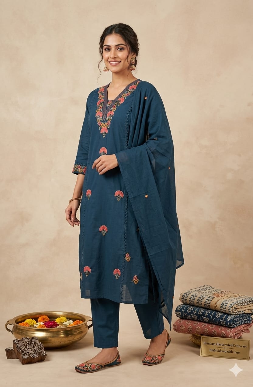Naisha K 1033 Cambric Cotton Embroidered Kurti Pant Dupatta Set - Amrah Wholesale