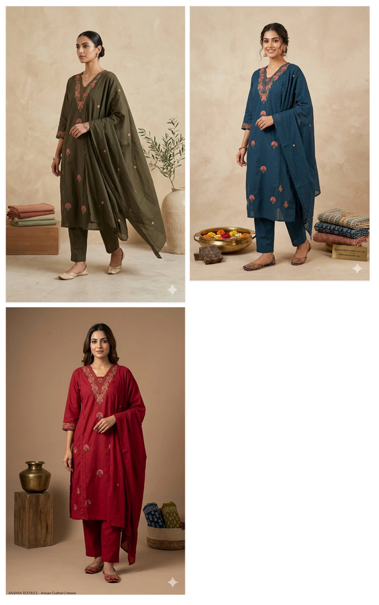 Naisha K 1033 Cambric Cotton Embroidered Kurti Pant Dupatta Set