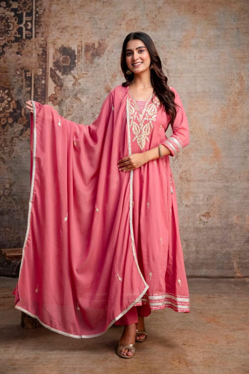 Naisha K 1052 Mul Cotton Embroidered Anarkali Kurti Bottom Dupatta Set - Amrah Wholesale