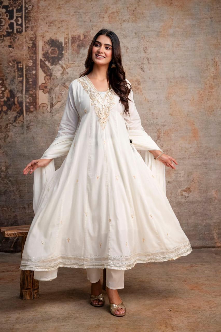 Naisha K 1052 Mul Cotton Embroidered Anarkali Kurti Bottom Dupatta Set - Amrah Wholesale