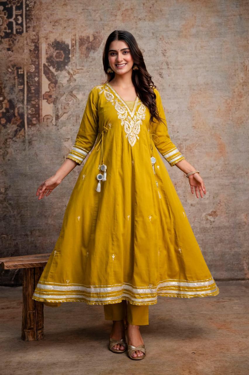 Naisha K 1052 Mul Cotton Embroidered Anarkali Kurti Bottom Dupatta Set - Amrah Wholesale