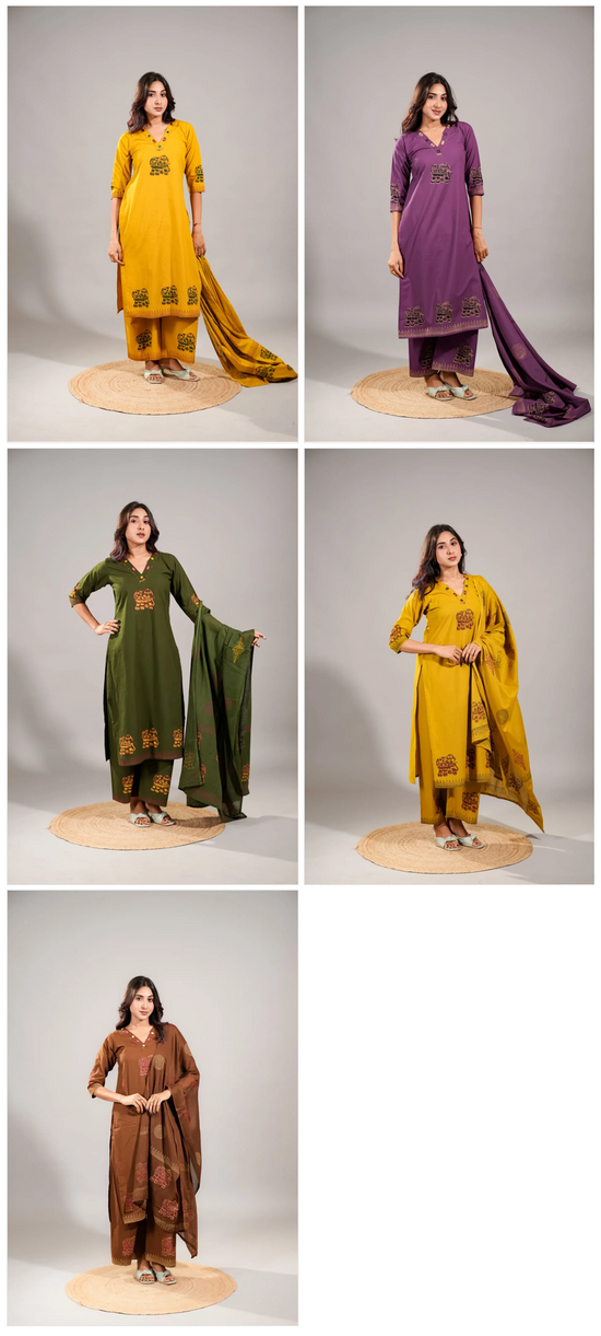 Amrah Wholesale Naisha K 1061 Dhabu Cotton Embroidered Kurti Pant Dupatta Set