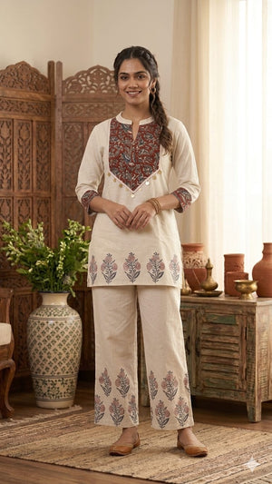 Naisha K 1118 Cotton Flex Ajrakh Patch Work Co-Ord Set - Amrah Wholesale