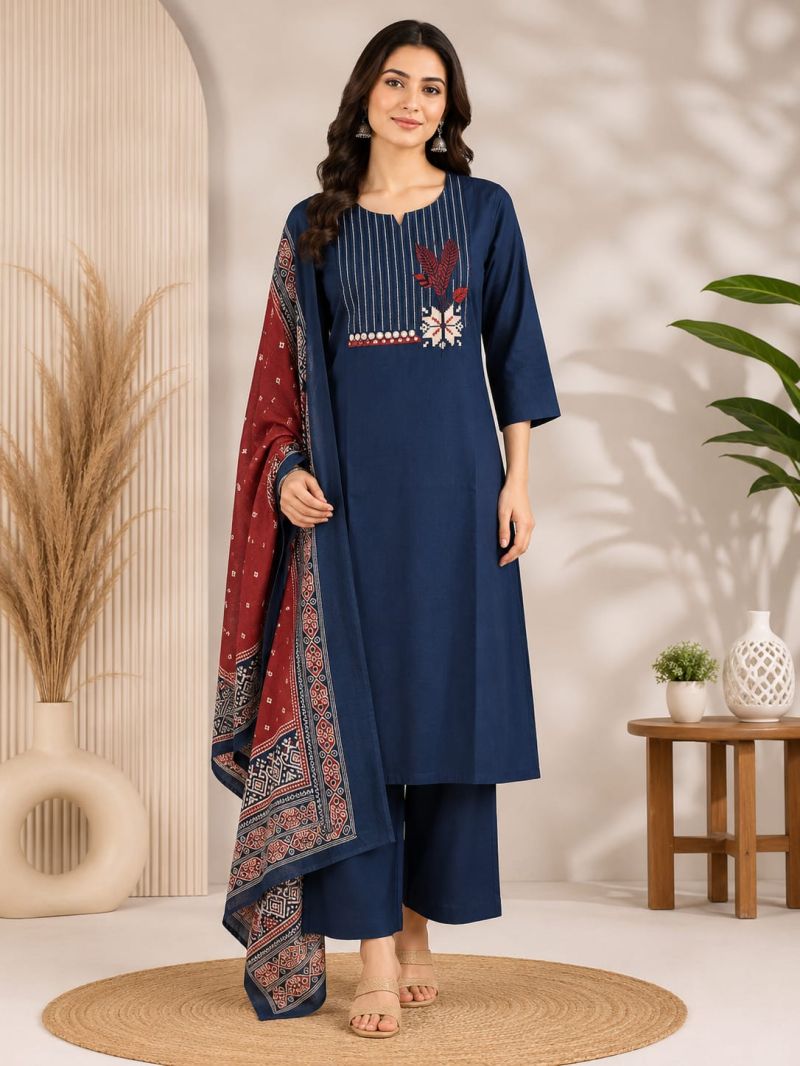 Amrah Wholesale Naisha K 1144 Dhabu Cotton Printed Kurti Palazzo Dupatta Set