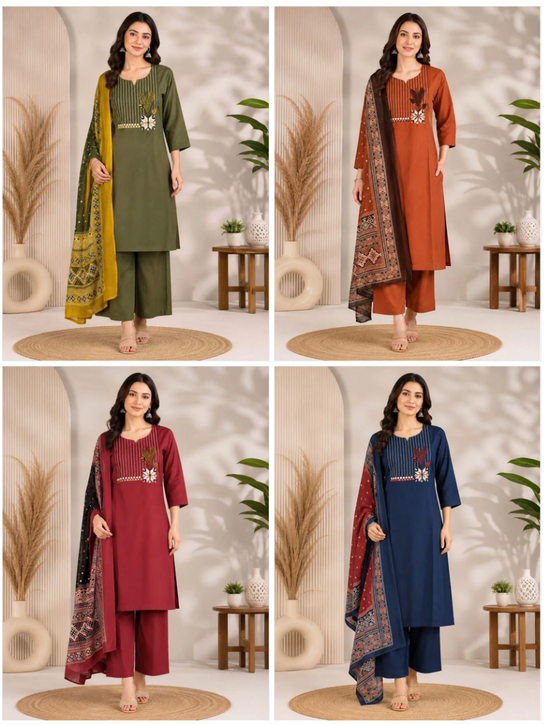 Amrah Wholesale Naisha K 1144 Dhabu Cotton Printed Kurti Palazzo Dupatta Set