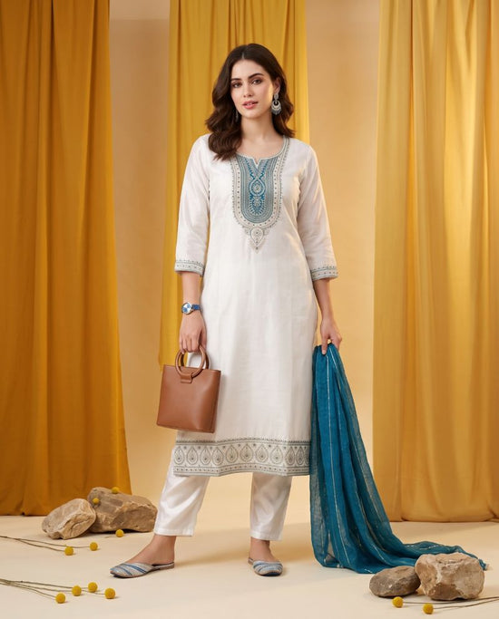 Naisha K 1152 Roman Glass Embroidered Kurti Pant Dupatta Set