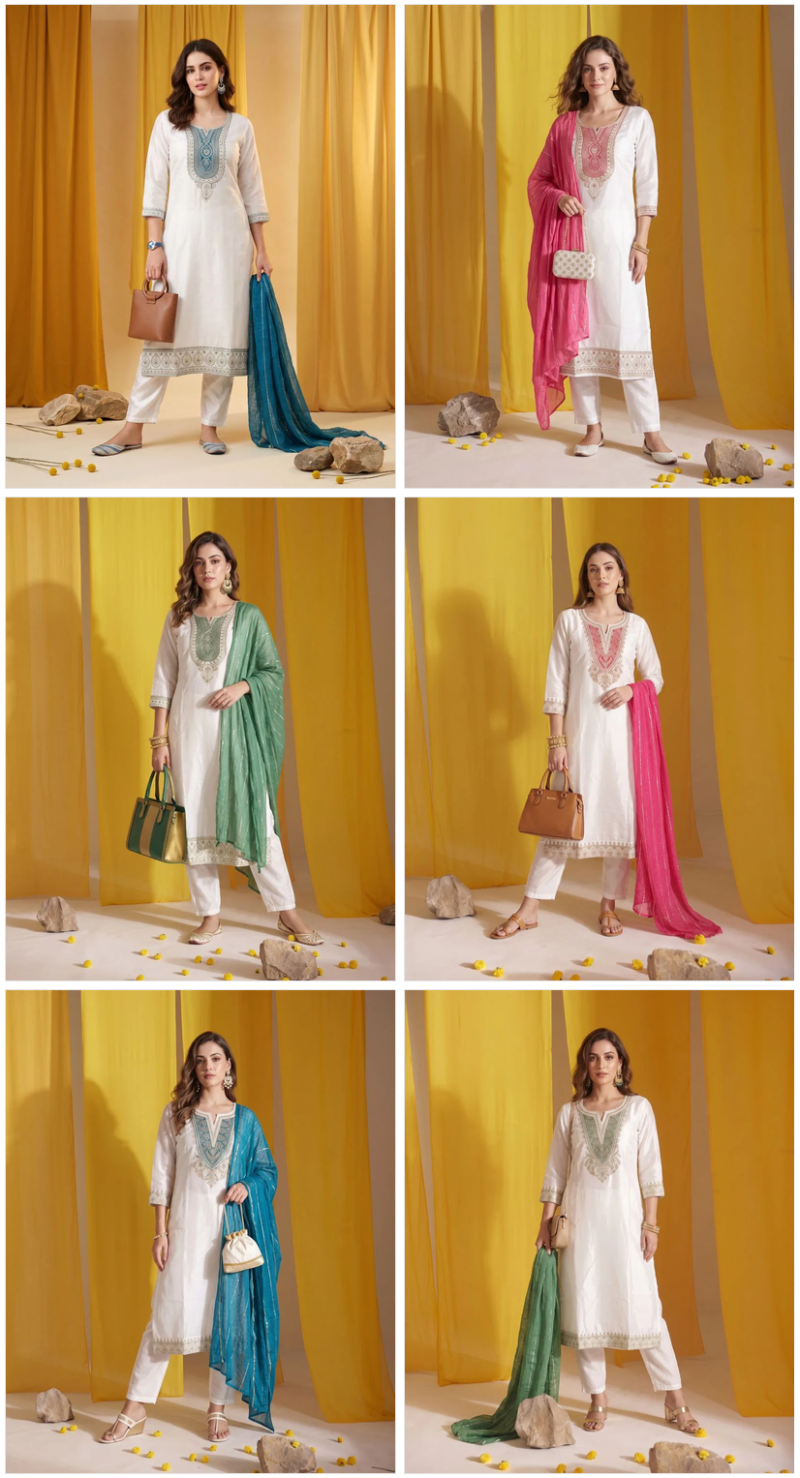 Naisha K 1152 Roman Glass Embroidered Kurti Pant Dupatta Set