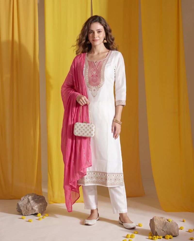 Naisha K 1152 Roman Glass Embroidered Kurti Pant Dupatta Set