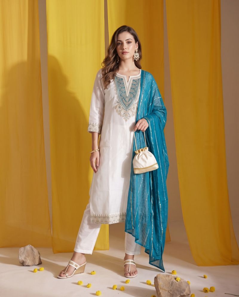 Naisha K 1152 Roman Glass Embroidered Kurti Pant Dupatta Set