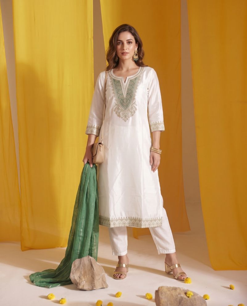 Naisha K 1152 Roman Glass Embroidered Kurti Pant Dupatta Set