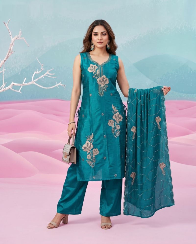 Naisha K 1153 Natural Glass Semi Beads Work Kurti Pant Dupatta Set