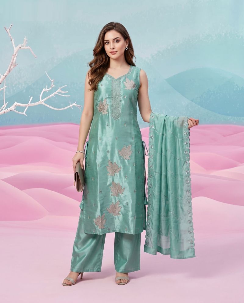 Naisha K 1153 Natural Glass Semi Beads Work Kurti Pant Dupatta Set