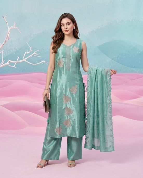 Naisha K 1153 Natural Glass Semi Beads Work Kurti Pant Dupatta Set