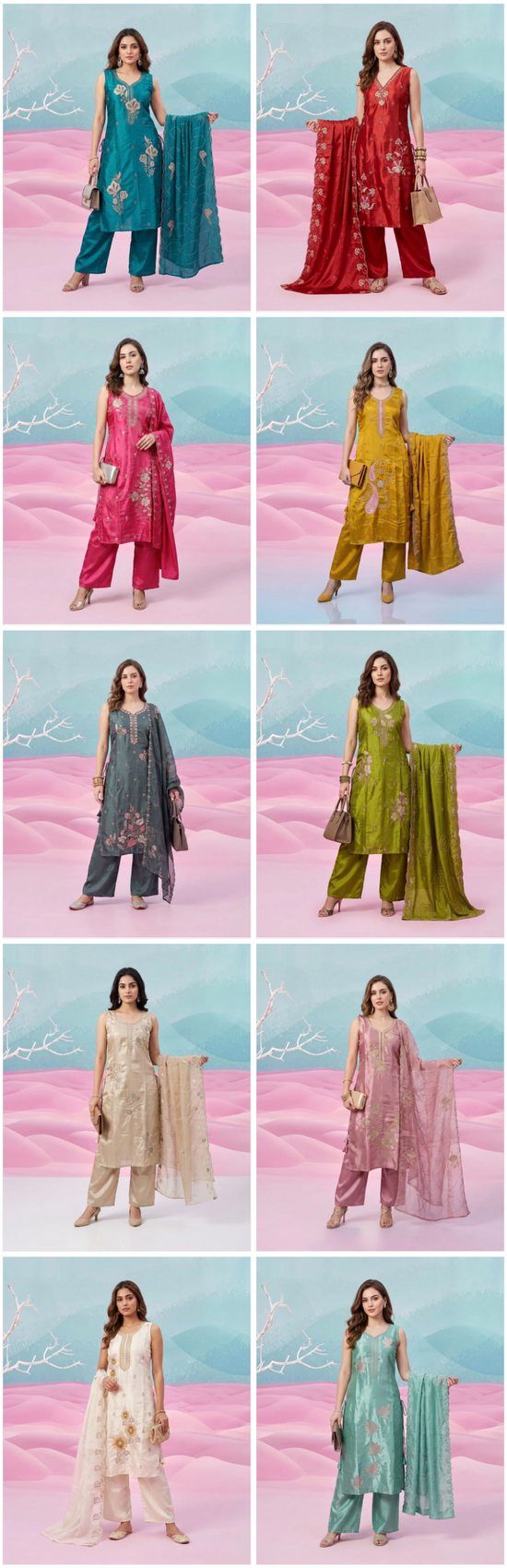 Naisha K 1153 Natural Glass Semi Beads Work Kurti Pant Dupatta Set
