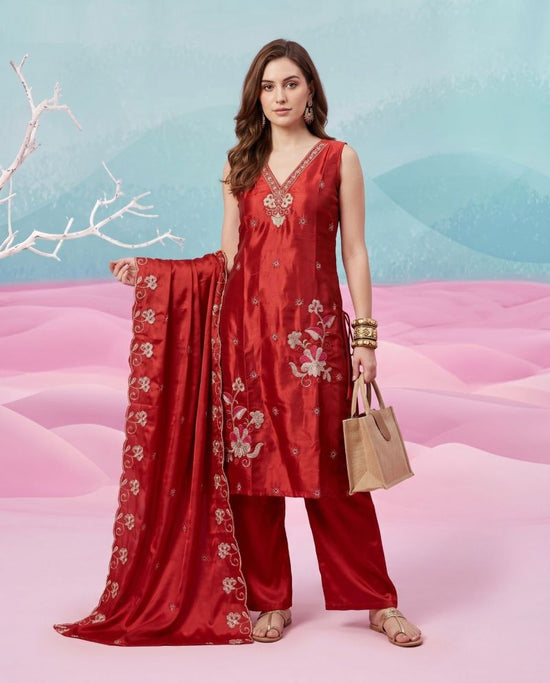 Naisha K 1153 Natural Glass Semi Beads Work Kurti Pant Dupatta Set