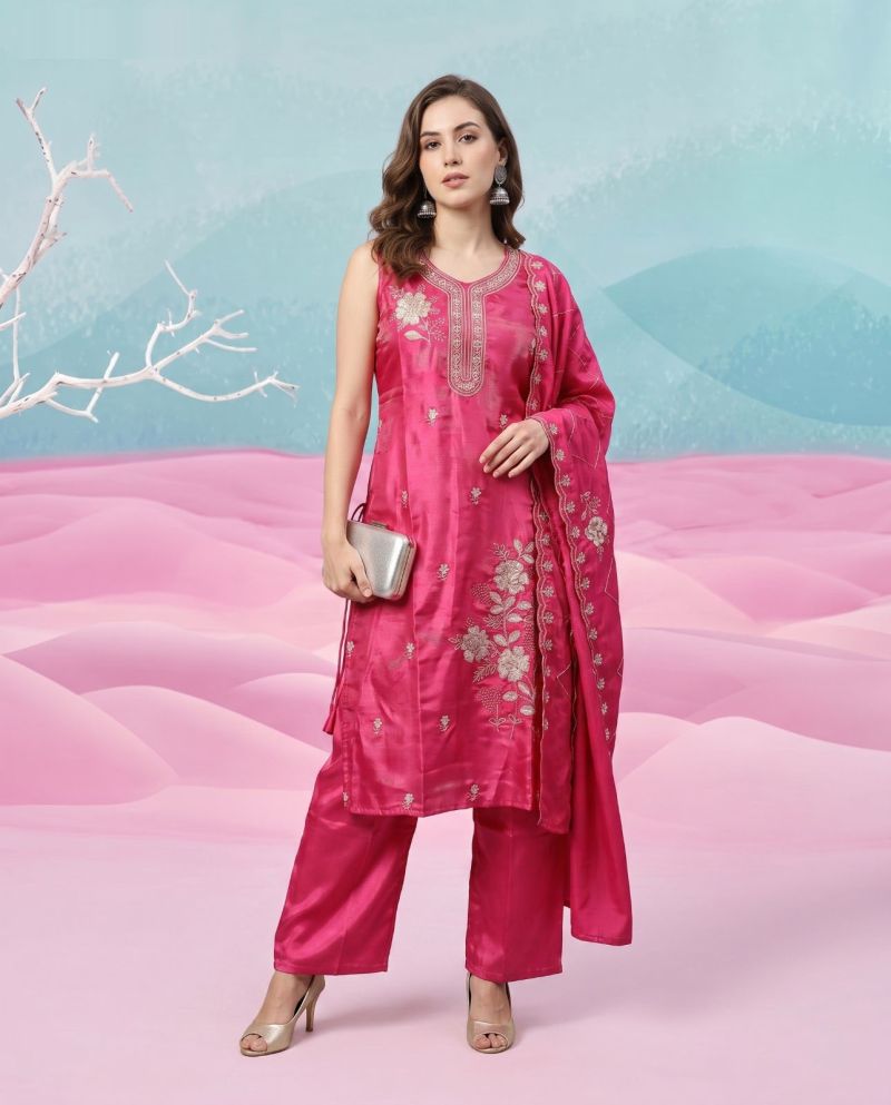 Naisha K 1153 Natural Glass Semi Beads Work Kurti Pant Dupatta Set
