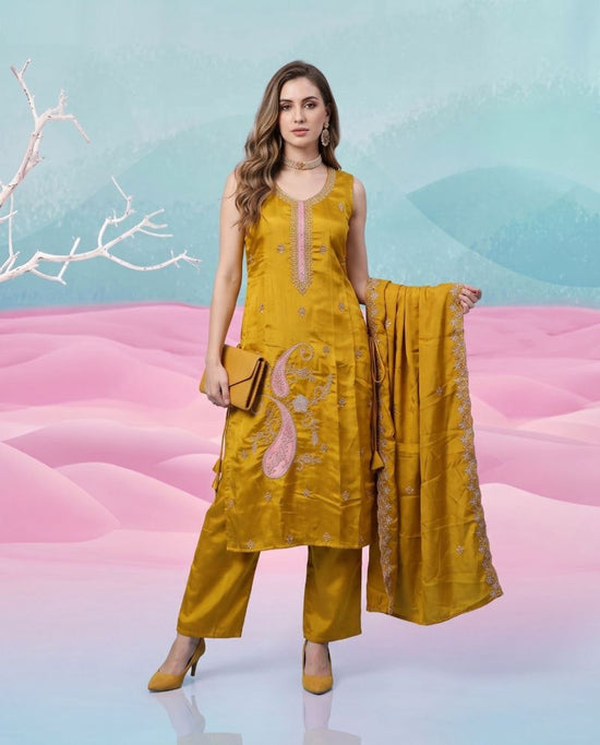 Naisha K 1153 Natural Glass Semi Beads Work Kurti Pant Dupatta Set