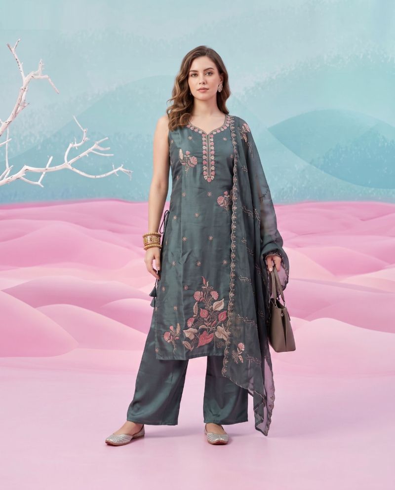Naisha K 1153 Natural Glass Semi Beads Work Kurti Pant Dupatta Set